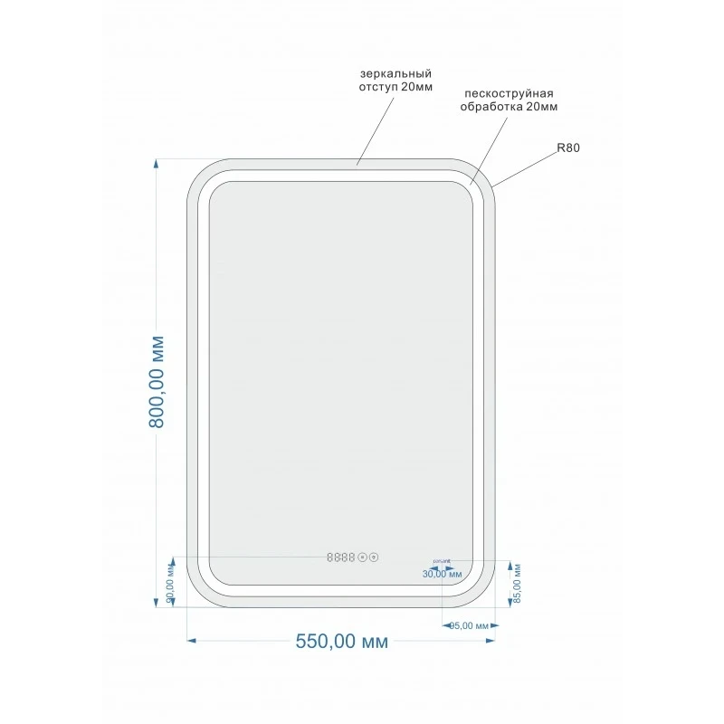 Зеркало LED 050 design pro 55x80 с подсветкой хол. тепл. cвет часы с антизапотеванием прямоугольное