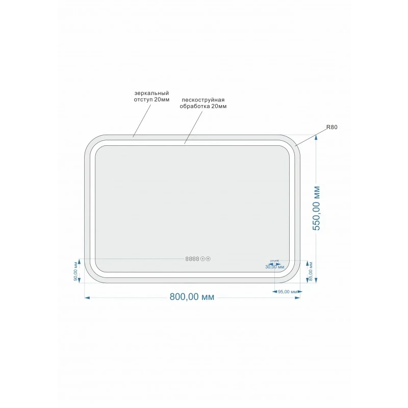 Зеркало LED 050 design pro 80x55 с подсветкой хол. тепл. cвет часы с антизапотеванием прямоугольное