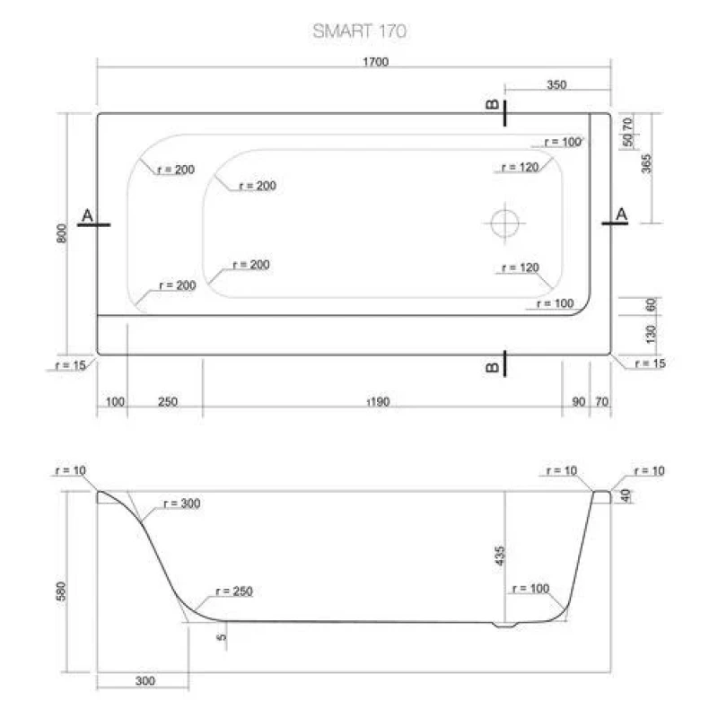 Ванна акриловая прямоугольная Cersanit SMART 170x80, правая