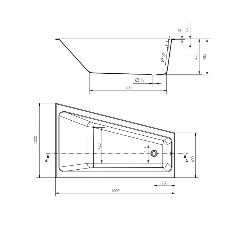 Ванна асимметричная CREA 160x100 правая белый
